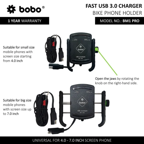 BOBO BM1 PRO Jaw-Grip Bike Phone Holder (with fast USB 3.0 charger, SAE connector & Fast USB Cable) - Image 4