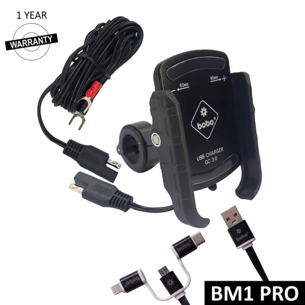 BOBO BM1 PRO Jaw-Grip Bike Phone Holder (with fast USB 3.0 charger, SAE connector & Fast USB Cable)